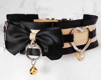 Black and Soft Gold 1.5" Pleated Heart Ring Buckling Satin Lined Tug Proof Kittenplay Petplay Collar bble7