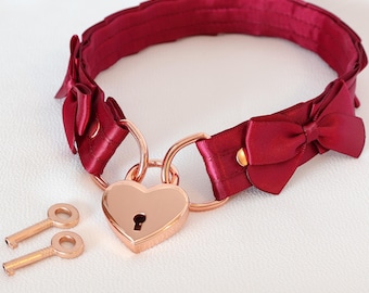 Custom Pleated Satin & Rose Gold Locking Collar - Satin Lined Kittenplay Petplay Collar bble7