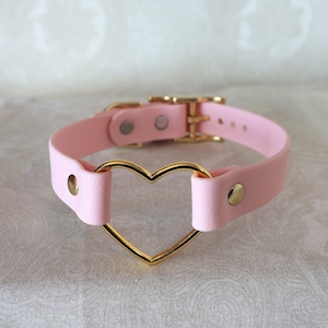 3/4&quot; Pale Pink w/ Gold XL Heart Ring Layered Collar | Durable & Comfortable, COLORFUL OPTIONS | BioThane - Vegan Leather Alternative