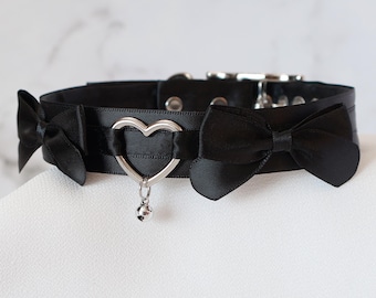 All Black Slim Style Heart Ring & Bow Buckling Satin Lined Kittenplay Petplay Collar/Day Collar bble7