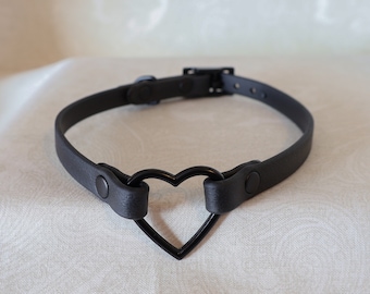 3/8" All Black Heart Ring Collar Choker | Durable & Comfortable, COLORFUL OPTIONS, Waterproof | BioThane - Vegan Leather Alternative