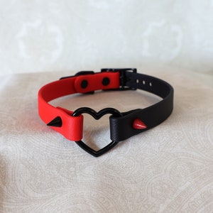 5/8&quot; Red and Black Heart Ring Spiked Collar | Durable & Comfortable, COLORFUL OPTIONS, Waterproof | BioThane - Vegan Leather Alternative