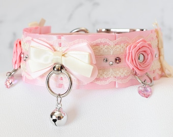Light Pink and Ivory Luxury Rose and Lace Ribbon + Faux Leather Tug Proof Kittenplay Petplay Collar bble7
