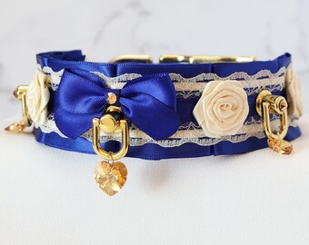 Cobalt, Ivory and Gold Luxury Rose and Lace Ribbon + BioThane Tug Proof Kittenplay Petplay Collar bble7