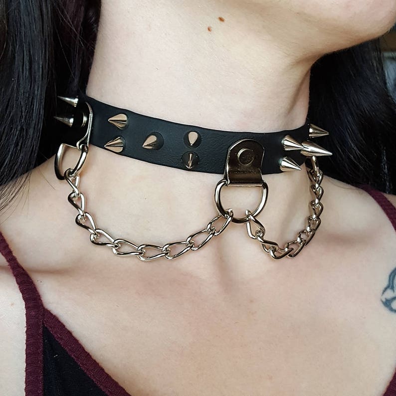 Black 3/4 Triple D-ring Spiked w/ Chain BDSM Collar | Etsy