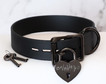 1" Gunmetal Locking Buckle Collar and Custom Engraved Large Gunmetal Heart Lock | Durable & Comfortable, COLORFUL OPTIONS | Vegan Leather