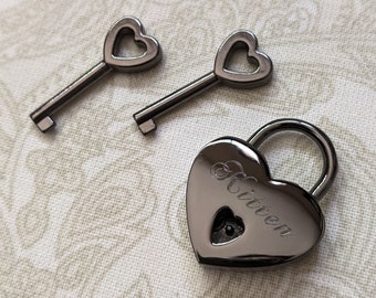 Small Gunmetal Heart Lock - Personalized Diamond Engraving | PLEASE READ DESCRIPTION!