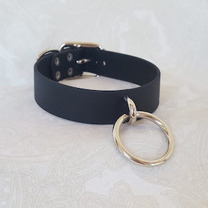 May include: A black leather choker with a silver metal ring attached. The choker has a buckle closure and is adjustable.
