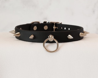 5/8" Vegan Leather Spiked Collar Choker w/ Loop | Comfortable, COLORFUL OPTIONS, Waterproof, Latex Free | 10mm Silver Spikes