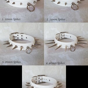 May include: Five white leather collars with different sized silver spikes. The collars have a silver ring attached. The collars are labeled 1. 10mm Spikes, 2. 14mm Spikes, 3. 26mm Spikes, 4. 40mm Spikes, and 5. Claw Spikes.
