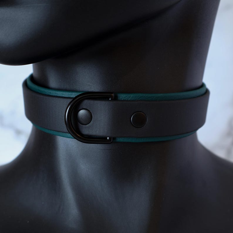 K&ouml;nnte beinhalten: Ein schwarzes Lederhalsband mit tealgr&uuml;nem Besatz und einer schwarzen Metallschnalle in D-Form.