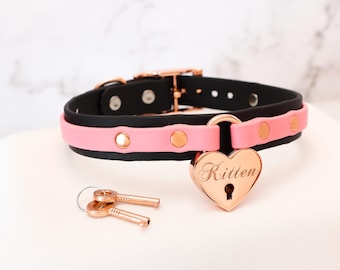 3/4" Black and Light Pink Layered Collar w/ Large Rose Gold Heart Lock | Durable & Comfortable, COLORFUL OPTIONS | Vegan Leather