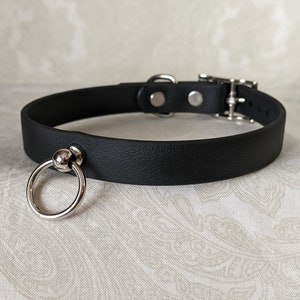 May include: Black leather choker with a silver ring and a silver ball accent.