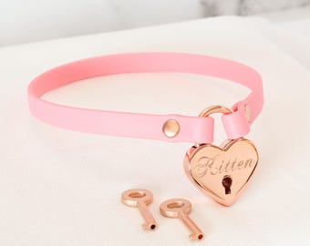 3/8" Vegan Leather Rose Gold Heart Lock Collar - Custom Engraving | Petite, Comfortable, COLORFUL OPTIONS, Waterproof, Latex Free