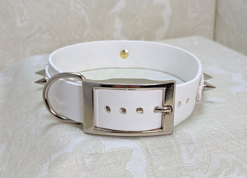 May include: White leather dog collar with silver spikes and a silver buckle. The collar has a D-ring for attaching a leash.