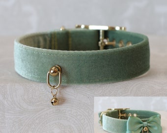 1" Sage Green Bow and Gold Gold Buckling Luxe Velvet Puppy Kitten Collar | Kittenplay Petplay Gear