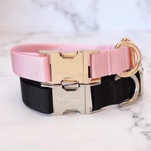Pode incluir: Duas coleiras para c&atilde;es, uma rosa e outra preta, com fivelas prateadas e douradas. A coleira preta tem a palavra "Puppy" gravada na fivela.