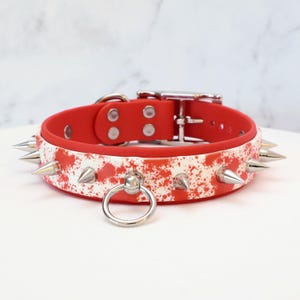 1&quot; Red Blood Splatter Spiked Layered Collar | Durable & Comfortable, COLORFUL OPTIONS, Waterproof, Latex Free | BioThane - Vegan Leather