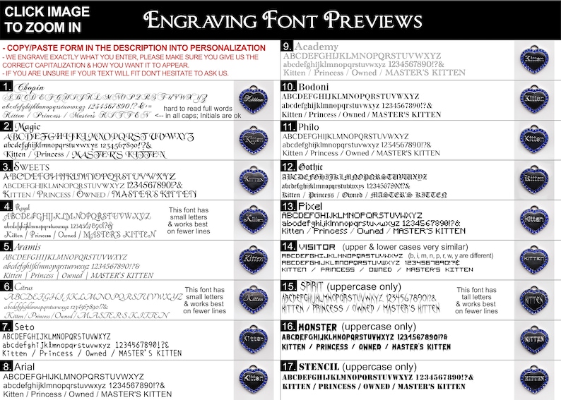 K&ouml;nnte beinhalten: Eine Tabelle mit 17 verschiedenen Schriftarten f&uuml;r die Gravur auf einem herzf&ouml;rmigen Anh&auml;nger. Jede Schriftart wird mit dem Alphabet in Gro&szlig;- und Kleinschreibung, Zahlen und Satzzeichen angezeigt. Die Tabelle enth&auml;lt auch eine Beschreibung jedes Schriftstils, z. B. ob er nur in Gro&szlig;buchstaben ist oder kleine Buchstaben hat.