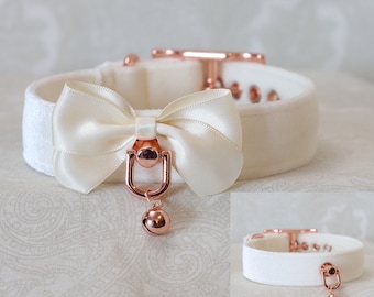 1" Ivory Bow and Rose Gold Buckling Luxe Velvet Puppy Kitten Collar | Kittenplay Petplay Gear