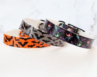 3/4" Halloween Bats UV Print Collar, Orange Grey and Neon | Durable & Comfortable, Waterproof, Latex Free | BioThane - Vegan Leather