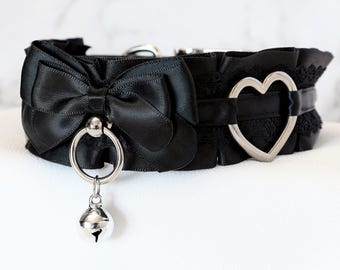 All Black 1.5" Pleated Heart and Lace Ribbon + Biothane Tug Proof Kittenplay Petplay Collar bble7