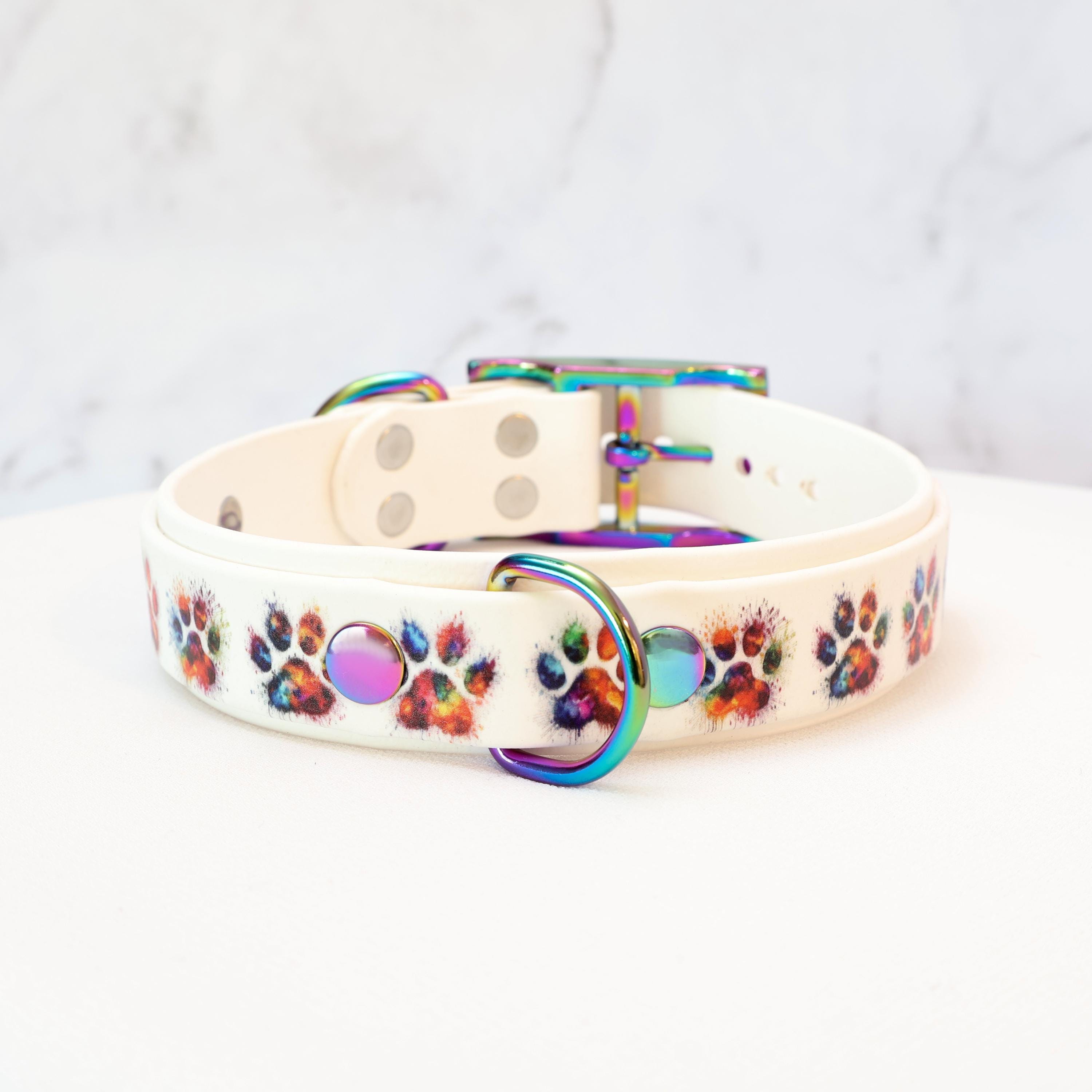 1" White Rainbow Paw Print Layered Collar | Durable & Comfortable, COLORFUL OPTIONS, Waterproof, Latex Free | BioThane - Vegan Leather