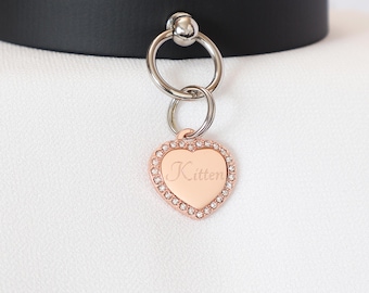 Small CZ Crystal Rose Gold Plated Heart Tag - Personalized Diamond Engraving - Pet Tag Pendant | Please Read Description!