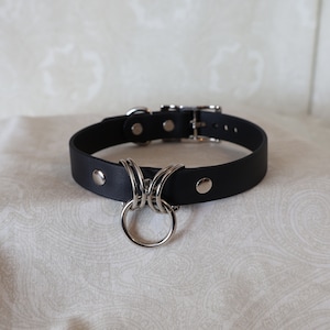 May include: Black leather choker with a silver metal ring and multiple loops.