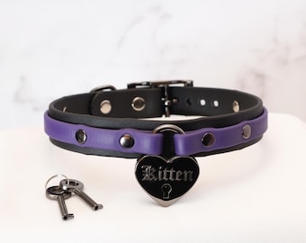 3/4" Black and Purple Layered Collar w/ Large Gunmetal Heart Lock | Durable & Comfortable, COLORFUL OPTIONS | Vegan Leather