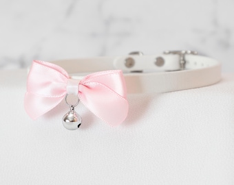 3/8" White w/ Pale Pink Bow Day Collar Choker | Durable & Comfortable, COLORFUL OPTIONS | BioThane - Vegan Leather Alternative bble7
