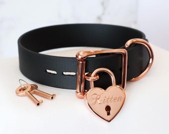 1" Rose Gold Locking Buckle Collar and Custom Engraved Large Rose Gold Heart Lock | Durable & Comfortable, COLORFUL OPTIONS | Vegan Leather