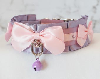 Dusty Lilac, Dusty Amethyst, and Pale Pink 1.5" Pleated Buckling Satin Lined Tug Proof Kittenplay Petplay Collar bble7