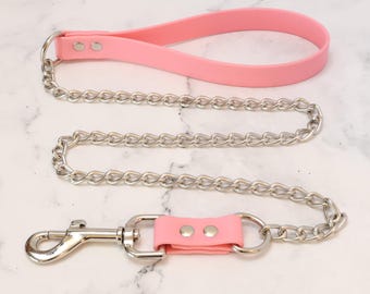 3/4" Light Pink BioThane Silver Chain Bondage BDSM Leash | Multiple Colors Available
