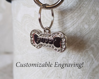 Mini CZ Crystal Silver Tone Bone Tag - Personalized Diamond Engraving - Pet Tag Pendant | Please Read Description!