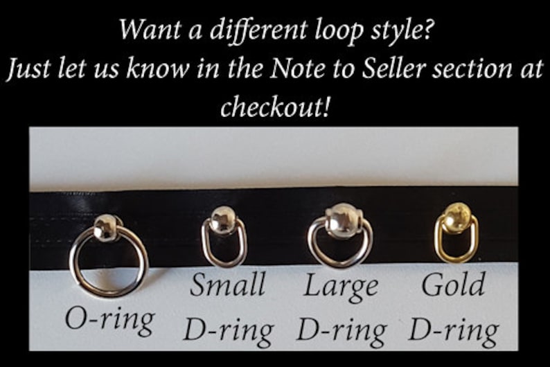 May include: Four different types of metal loops for attaching to a leash or collar.  The options are a small silver D-ring, a large silver D-ring, a gold D-ring, and a silver O-ring.