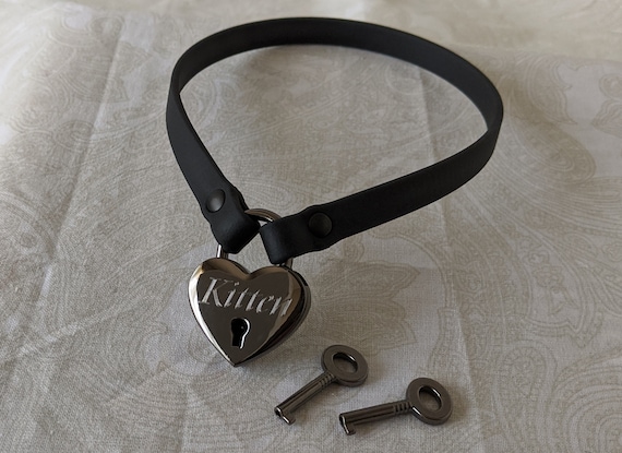 3/8" Vegan Leather Gunmetal Heart Lock Collar - Custom Engraving | Petite, Comfortable, COLORFUL OPTIONS, Waterproof, Latex Free