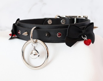 1" Black Layered Collar with Bows and Siam Crystals D ring O Ring