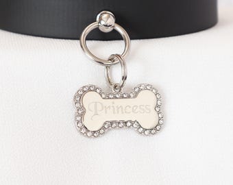CZ Crystal Silver Tone Bone Tag - Personalized Diamond Engraving - Pet Tag Pendant | Please Read Description!