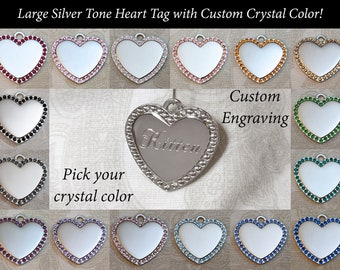 Custom Large Silver Tone Crystal Heart Pendant Tag - Personalized Diamond Engraving - Pet Tag Necklace Charm | Please Read Description!