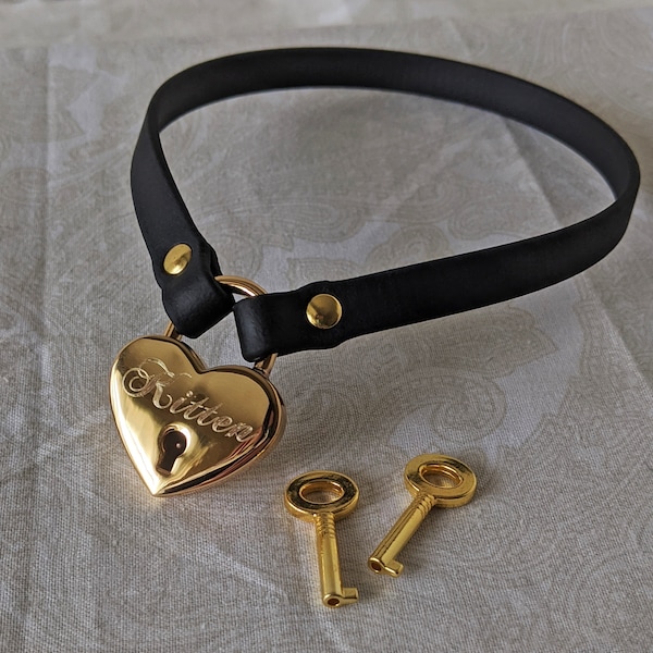 3/8" Vegan Leather Gold Heart Lock Collar - Custom Engraving | Petite, Comfortable, COLORFUL OPTIONS, Waterproof, Latex Free