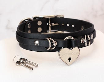 1" Layered Collar w/ Large Silver Heart Lock and D-rings | Durable & Comfortable, COLORFUL OPTIONS | Vegan Leather