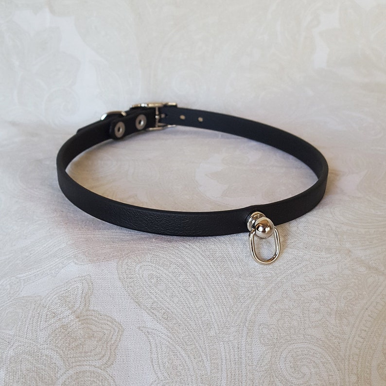 May include: A black leather choker with a silver ring and ball accent.