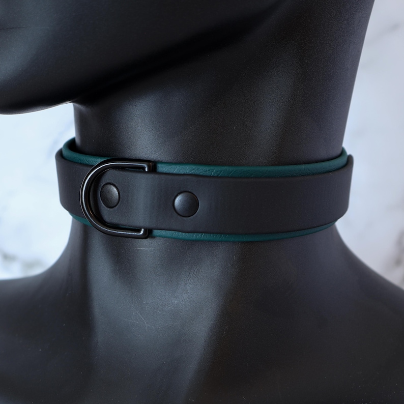 K&ouml;nnte beinhalten: Ein schwarzes Lederhalsband mit tealgr&uuml;nem Besatz und einem silbernen D-Ring.