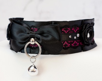 Collar de lujo negro y burdeos con rosa y encaje + Biothane a prueba de tirones para juegos de gatitos y mascotas bble7