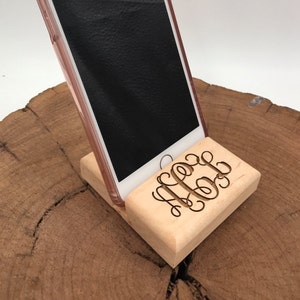 Personalized Monogrammed Engraved Wood Cell Phone Stand holder for Desk / Nightstand Iphone Droid