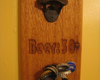 Beer:30 Engraved For Wall Mount Bottle Opener With Magnetic Cap Catcher