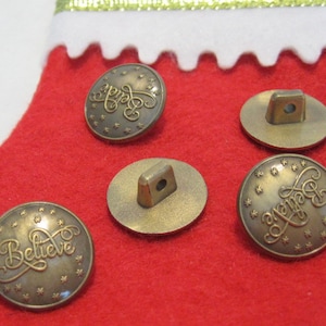 Set Of 5pcs. 3/4" Antique Gold Sew On "Believe" Buttons For Santa Vest.
