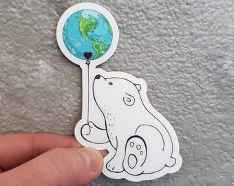 Jordens dag-klistermärke, isbjörnsdekal i vinyl, födelsedagsklistermärke 8,6 x 3,2 cm, klimatförändringsdekal, stansad dekal, laptop, bilklistermärke, anteckningsbok