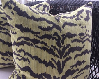 Scalamandre Pillow Cover in "Le Tigre" Green and Black Velvet, 21 x 21-!